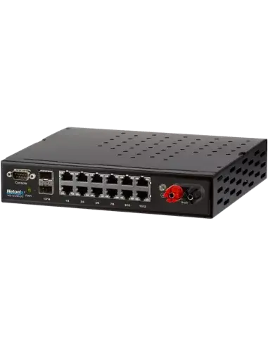 Image of the Netonix 12-Port 250W Managed DC POE Switch featuring two SFP uplink ports.