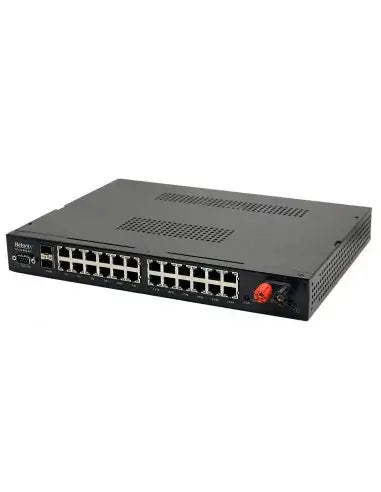 Image of the Netonix 24-Port 400W Isolated Managed DC POE Switch featuring two SFP uplink ports.