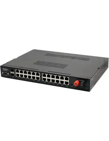 Netonix 24-Port Managed POE Switch featuring 500W power supply and support for 24V to 48V passive DC POE, with 2 SFP uplink ports.