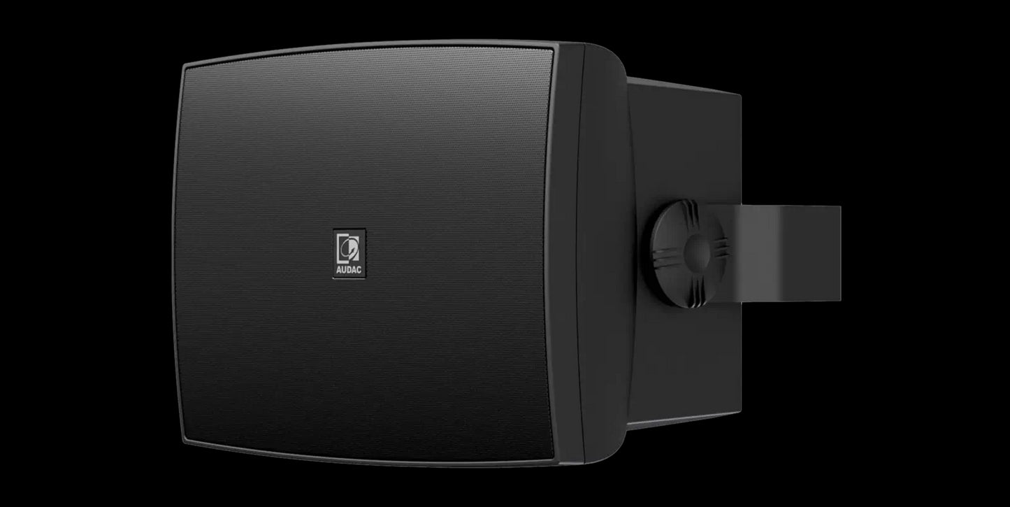 Audac Outdoor universal wall speaker in black, 8 inches, designed for outdoor use.