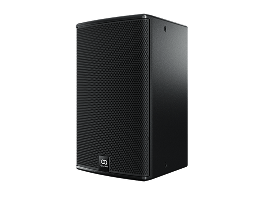 Front view of the Optimal Audio Cuboid 10, a 10-inch two-way passive full-range loudspeaker with a rotatable horn.