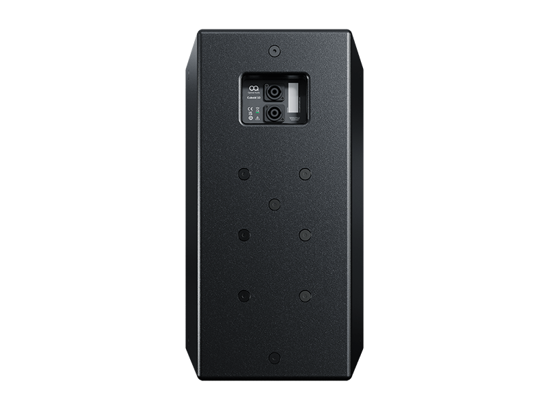 Rear cutout view of the Optimal Audio Cuboid 10, a 10-inch two-way passive full-range loudspeaker featuring a rotatable horn.
