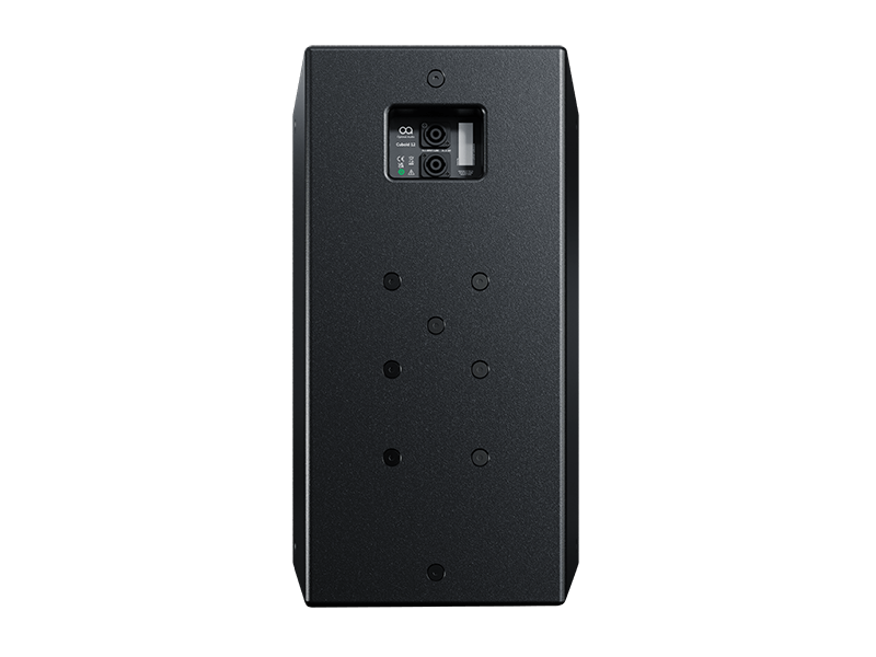 Rear view of the Optimal Audio Cuboid 12, a 12-inch two-way passive full-range loudspeaker with rotatable horn, showcasing its connectivity and design features.