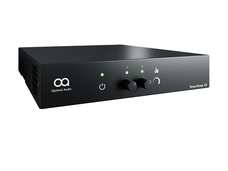 Optimal Audio SmartAmp 10 - 2-Channel Class D Amplifier with DSP and EQ, featuring a sleek front angle design.