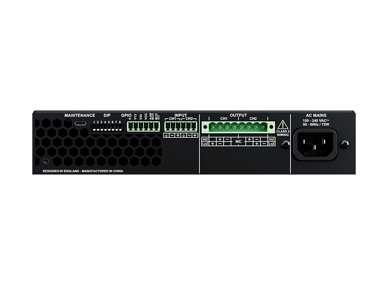 Rear view of the Optimal Audio SmartAmp 10, a 2-channel Class D amplifier featuring 2x125W output, suitable for 4Ω loads, with integrated DSP and EQ settings for 70V, 100V, and low impedance applications.
