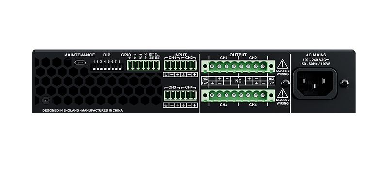 Rear view of the Optimal Audio SmartAmp 20, a 4-channel Class D amplifier with DSP and EQ features.