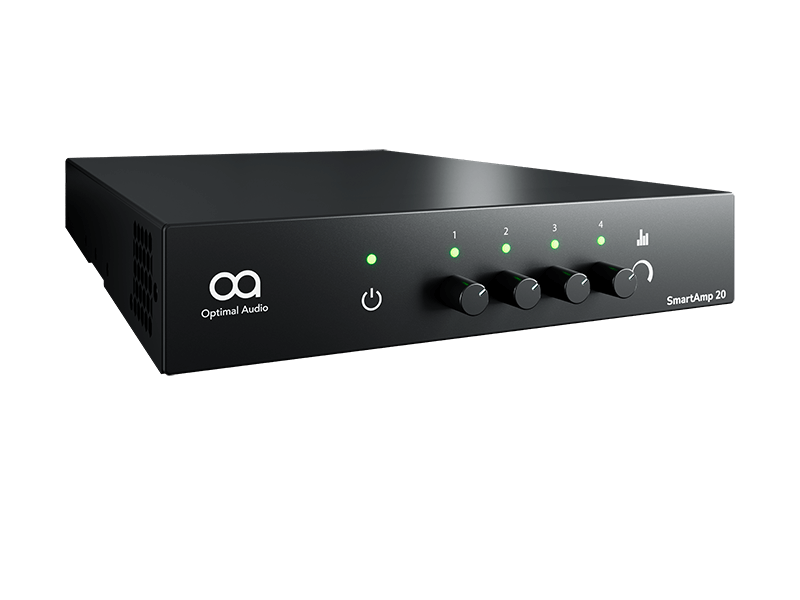 Front angle view of the Optimal Audio SmartAmp 20, a 4-channel Class D amplifier with DSP and EQ capabilities.