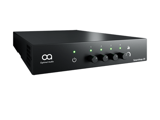 Front angle view of the Optimal Audio SmartAmp 20, a 4-channel Class D amplifier with DSP and EQ capabilities.