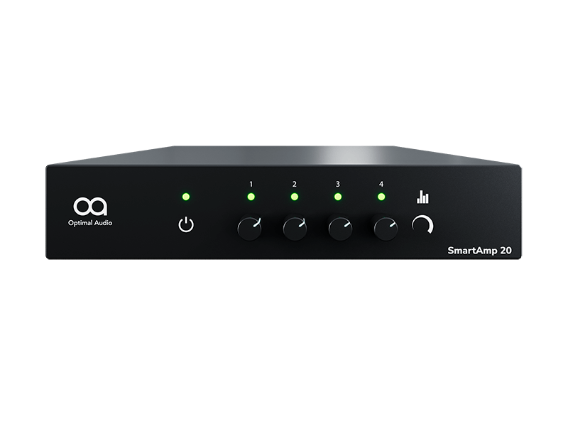 Optimal Audio SmartAmp 20, a 4-channel Class D amplifier with 4x125W output, designed for 4Ω stability, featuring DSP and EQ capabilities.