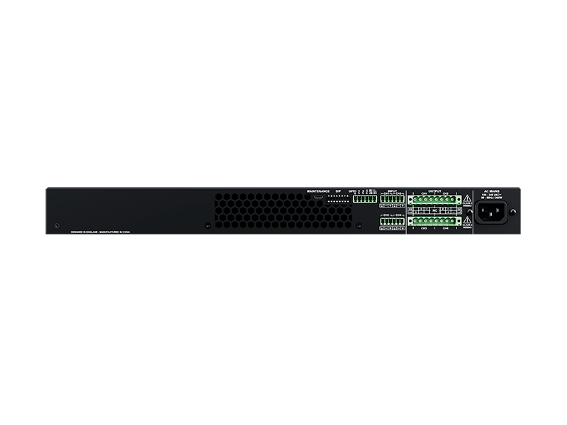 Rear view of the Optimal Audio SmartAmp 30, a 4-channel Class D amplifier with 4x250W output, featuring DSP and EQ options for 70V/100V/Low Impedance applications.