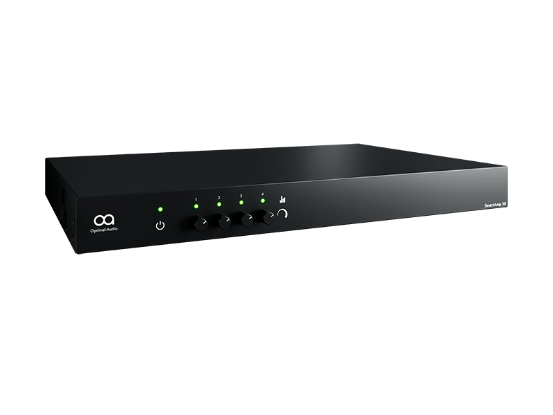Optimal Audio SmartAmp 30 - A 4-channel Class D amplifier with a sleek design, showcasing its front angle. Features include 4x250W power output, DSP, EQ, and compatibility with 70V, 100V, and low impedance systems.