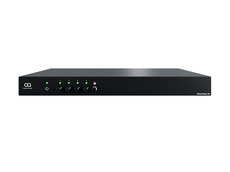 Optimal Audio SmartAmp 30, a 4-channel Class D amplifier with 4x250W power, featuring DSP and EQ capabilities, suitable for 70V/100V/Low Impedance applications.