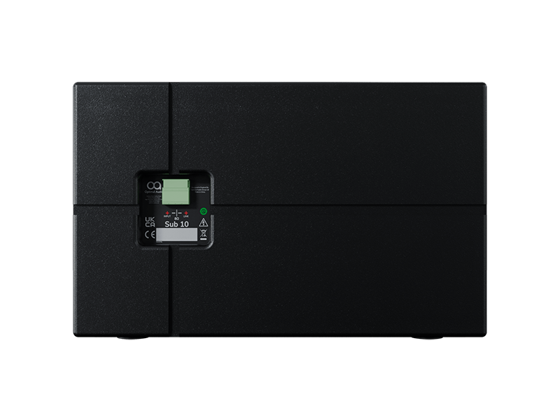 Rear view of the Optimal Audio Sub 10, a 10-inch passive slimline subwoofer with specifications including 250W AES, 8Ω impedance, and a peak output of 127dB.