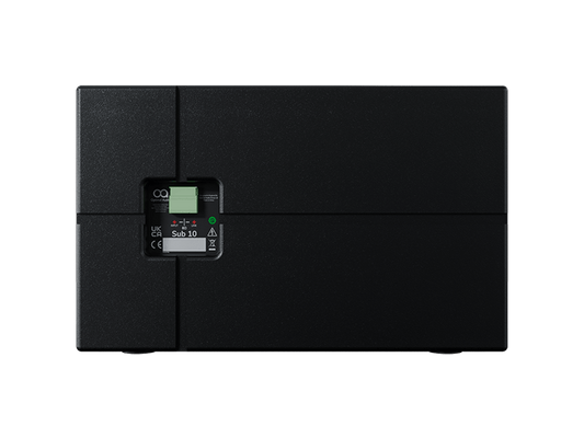 Rear view of the Optimal Audio Sub 10, a 10-inch passive slimline subwoofer with specifications including 250W AES, 8Ω impedance, and a peak output of 127dB.