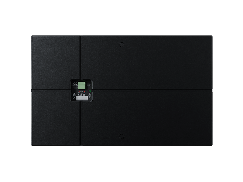 Rear view of the Optimal Audio Sub 15, a 15-inch passive compact high-performance subwoofer with specifications including 500W AES, 8Ω impedance, and a peak output of 135dB.