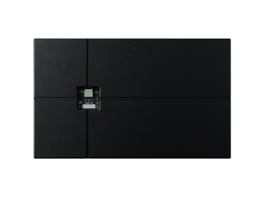 Rear view of the Optimal Audio Sub 15, a 15-inch passive compact high-performance subwoofer with specifications including 500W AES, 8Ω impedance, and a peak output of 135dB.
