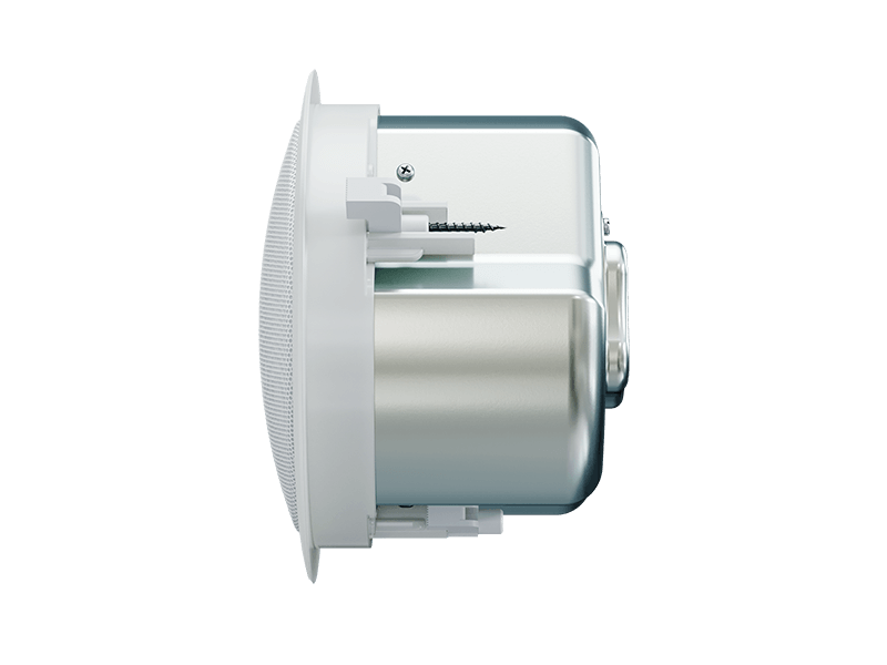 Optimal Audio Up 4S 4-inch two-way passive ceiling speaker with rotary switch and specifications including 15W AES and 101dB peak.