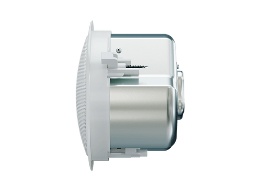 Optimal Audio Up 4S 4-inch two-way passive ceiling speaker with rotary switch and specifications including 15W AES and 101dB peak.