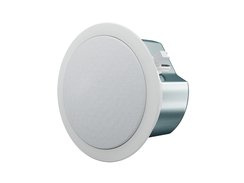 Optimal Audio Up 4S two-way passive ceiling speaker featuring a 4-inch driver, designed for 15W AES power with 8Ω/70V/100V compatibility and a rotary switch.