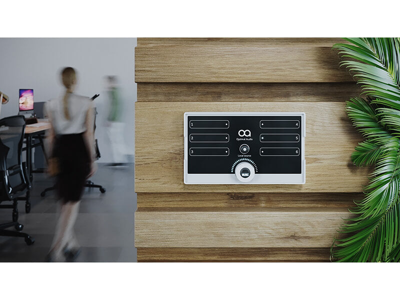 Optimal Audio ZonePad 1 single-zone wall-mounted controller featuring source selection, volume control, and local mic/line input with phantom power.