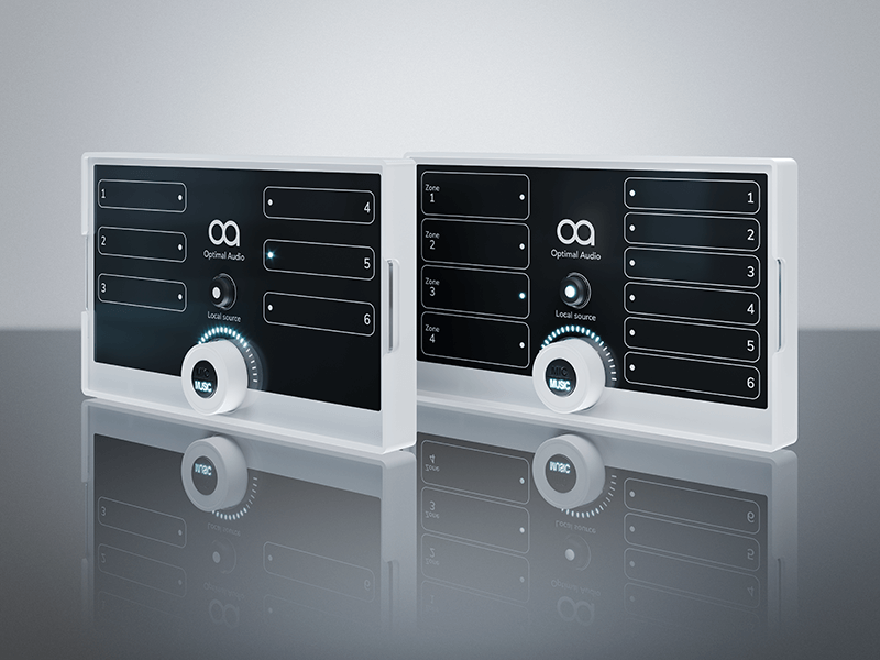 Optimal Audio ZonePad 1 single-zone wall-mounted controller featuring source selection, volume control, and local mic/line input with phantom power.