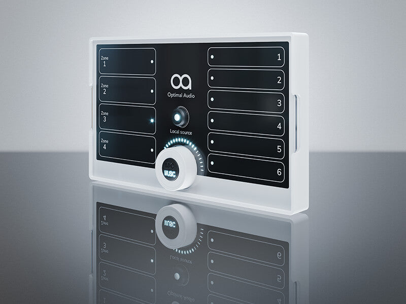 Optimal Audio ZonePad 4 four-zone wall-mounted controller featuring source selection and volume control, shown in black.