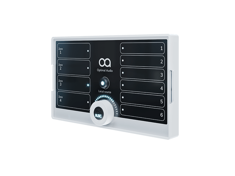 Optimal Audio ZonePad 4 four-zone wall-mounted controller featuring source selection and volume control in black.