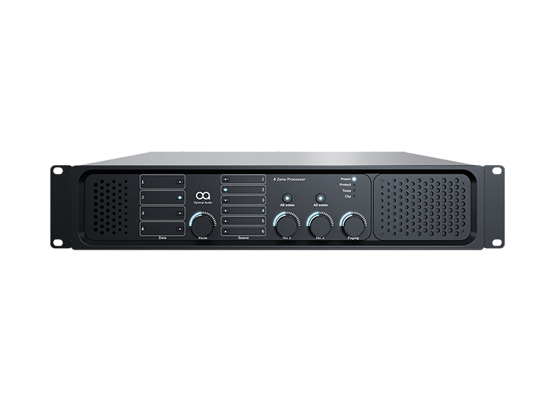 Front view of the Optimal Audio Zone 4, a 4-zone audio processor featuring DSP, loudspeaker presets, and multiple input options including HDMI.