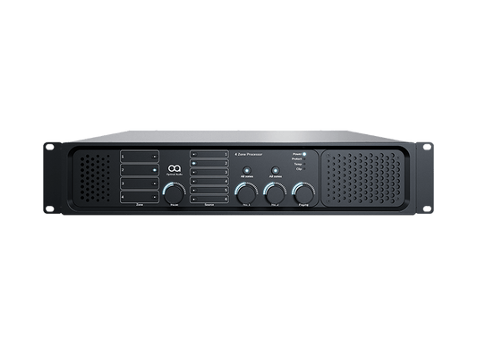 Front view of the Optimal Audio Zone 4, a 4-zone audio processor featuring DSP, loudspeaker presets, and multiple input options including HDMI.