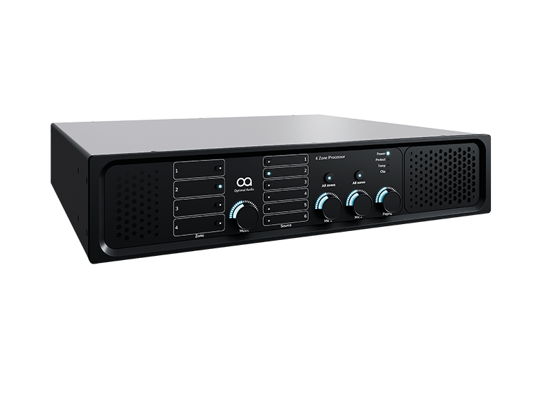 Front angle view of the Optimal Audio Zone 4, a 4-zone audio processor featuring DSP, loudspeaker presets, and multiple input options.