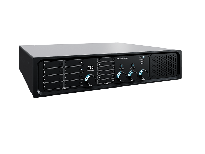 Front angle view of the Optimal Audio Zone 8, an 8-zone audio processor featuring DSP, loudspeaker presets, and multiple input options including 4 line, 2 mic, and 2 HDMI.
