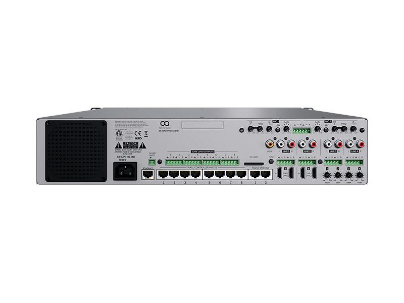 Rear view of the Optimal Audio Zone 8, featuring 8-zone audio processing, DSP, loudspeaker presets, and multiple input options including line, mic, and HDMI.