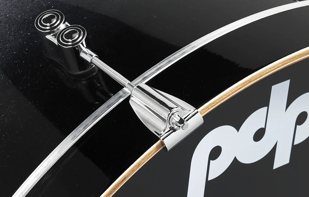 Close-up view of the PDP Concept 18x22" Bass Drum, Silver Sparkle with Chrome Hardware 1.