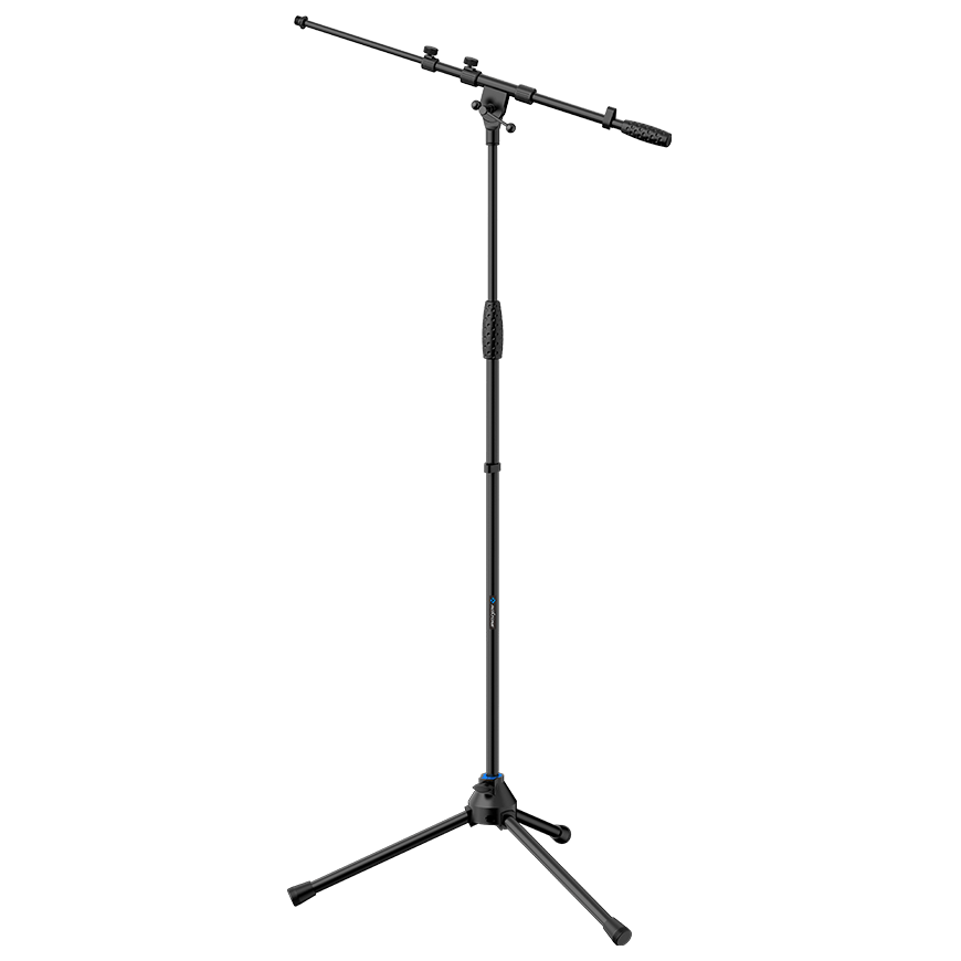 ROXTONE Microphone Stand with Telescopic Boom in Black, Model PMS120, displayed against a neutral background.