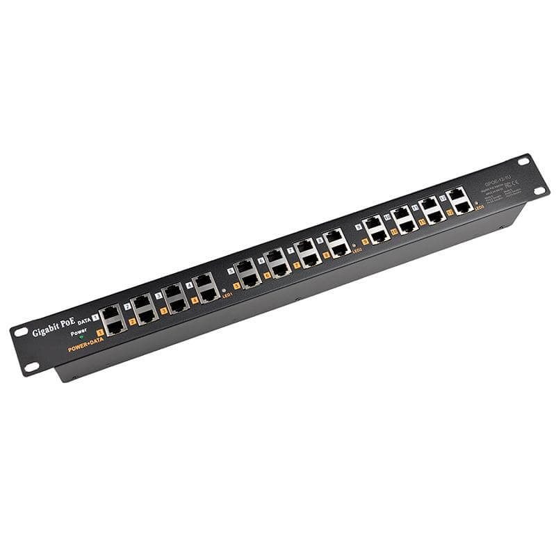 12-Port Gigabit Passive PoE Injector, a rack-mounted power supply unit designed to provide power over Ethernet for multiple devices.