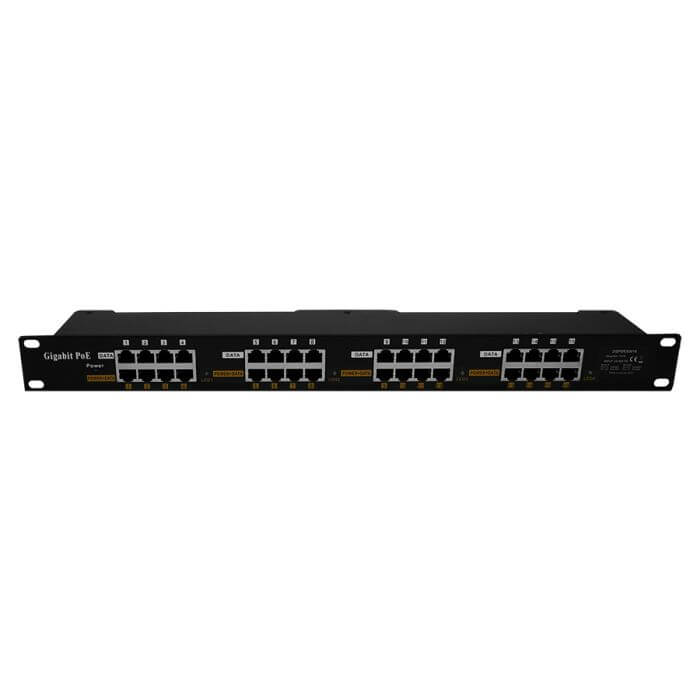 Image of a 16-Port Gigabit Passive PoE Injector, a device used to supply power and data to multiple devices over Ethernet cables.