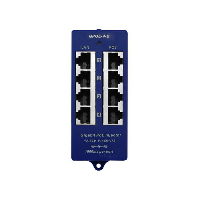 Image of a 4-Port Gigabit Passive PoE Injector, a device used for powering network devices over Ethernet cables.