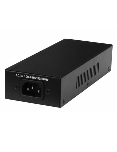 Miro Gigabit PoE Injector 55V 90W with dual RJ45 ports, providing power over Ethernet for efficient network connectivity.