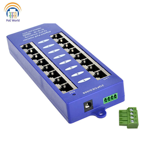 BrandName 8-Port Gigabit Passive PoE Injector device with multiple Ethernet ports for power and data transmission.