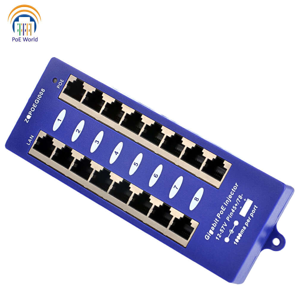 Image of BrandName 8-Port Gigabit Passive PoE Injector showing multiple ports for network connectivity.