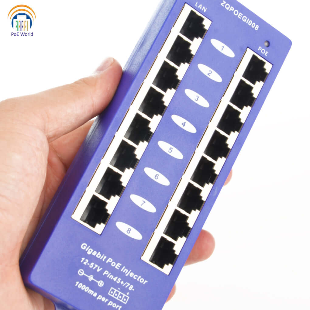 Image of a BrandName 8-Port Gigabit Passive PoE Injector, a device used to power multiple network devices over Ethernet cables.