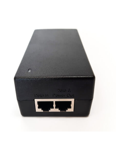 Acconet device with 12/24 VDC input and Gigabit 48V PoE output, suitable for powering network equipment.