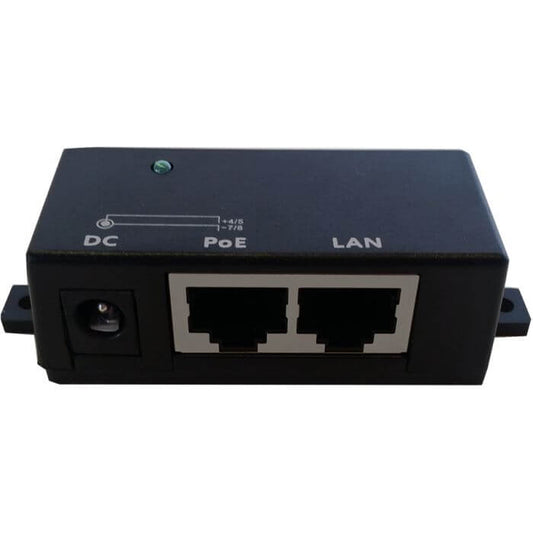 Image of a Single Port Fast Ethernet Passive PoE Injector, a device used to deliver power and data over Ethernet cables.