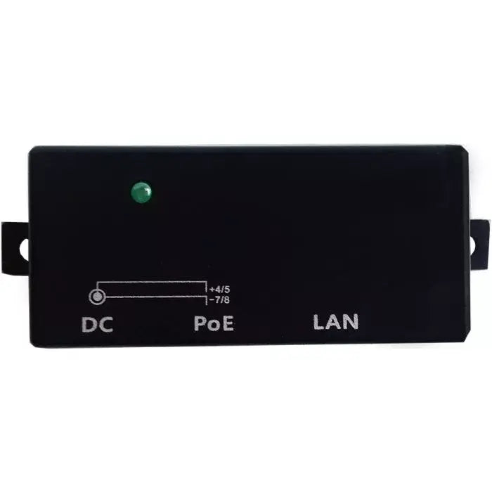 Image of a Single Port Fast Ethernet Passive PoE Injector, showcasing its compact design and connectivity options.