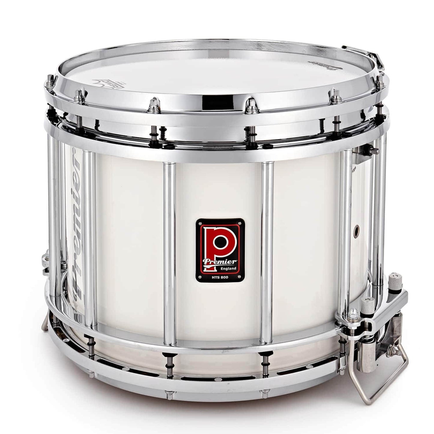 Premier HTS800 14x8 inch snare drum in ice white finish, showcasing its sleek design and craftsmanship.