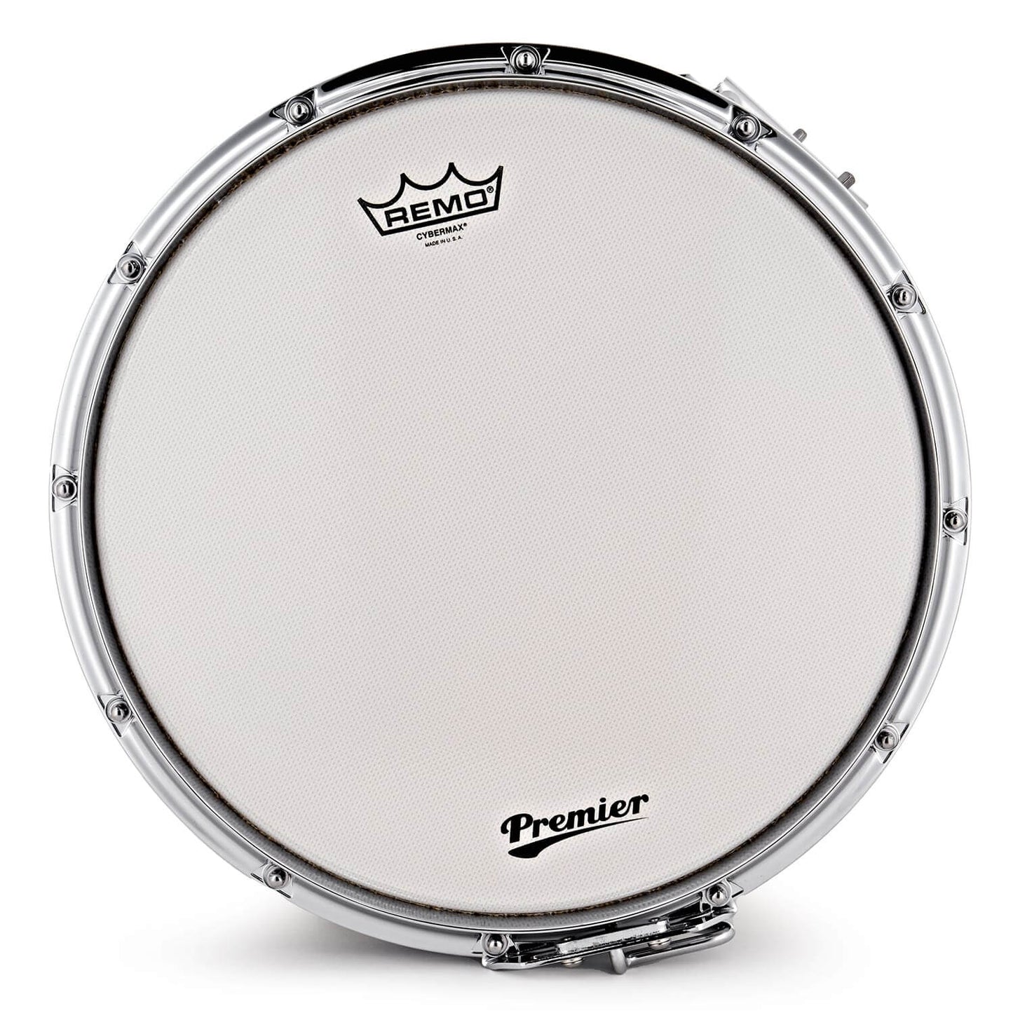 Premier HTS800 14x8 inch snare drum in Ice White color, showcasing its top view.