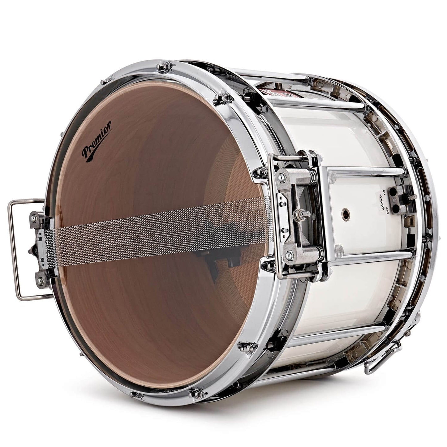 Premier HTS800 14x8 inch snare drum in ice white finish, showcasing its side view.