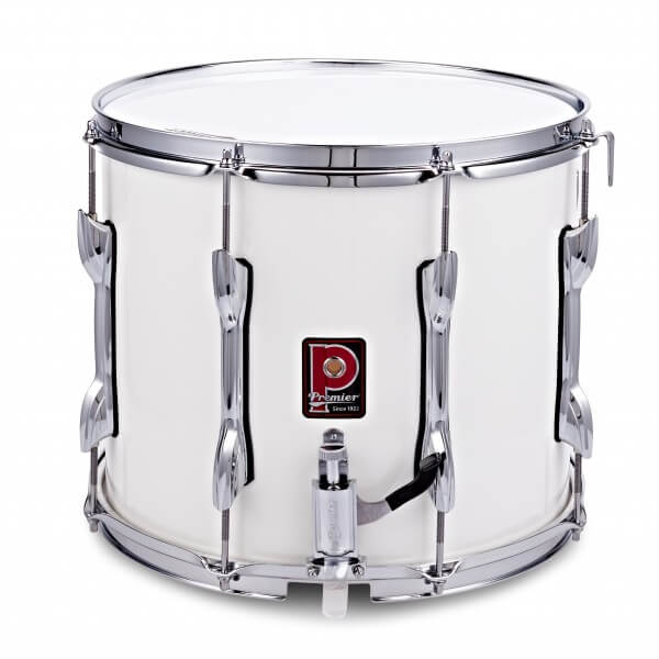 Premier 14x12 inch snare drum in ice white finish, showcasing its sleek design and high-quality craftsmanship.