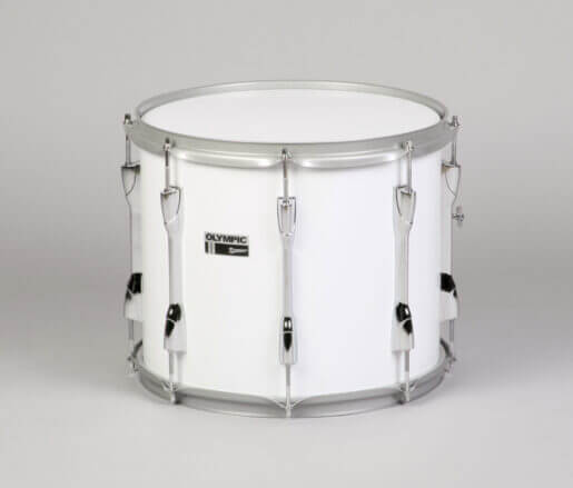 Premier Olympic 14x12 inch Marching Tenor Drum with a white wrap, showcasing its design and features.