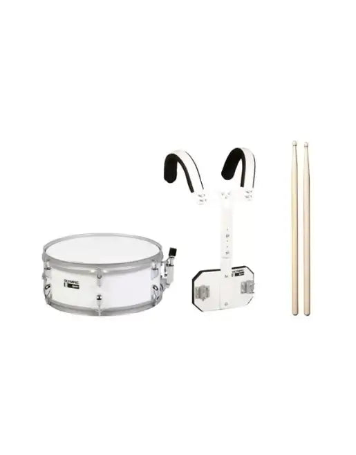 Premier Olympic 14x5.5 inch Marching Snare Drum in white color, showcasing its design and features.